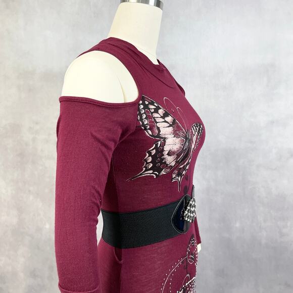 Y2K Womens Dress Cold‑Shoulder Butterfly Rhinestone Bodycon Goth Grunge Clubwear - Picture 6 of 11